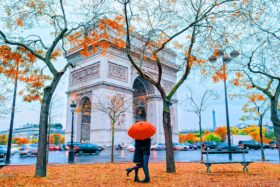 Couple under umbrella at rain in Paris